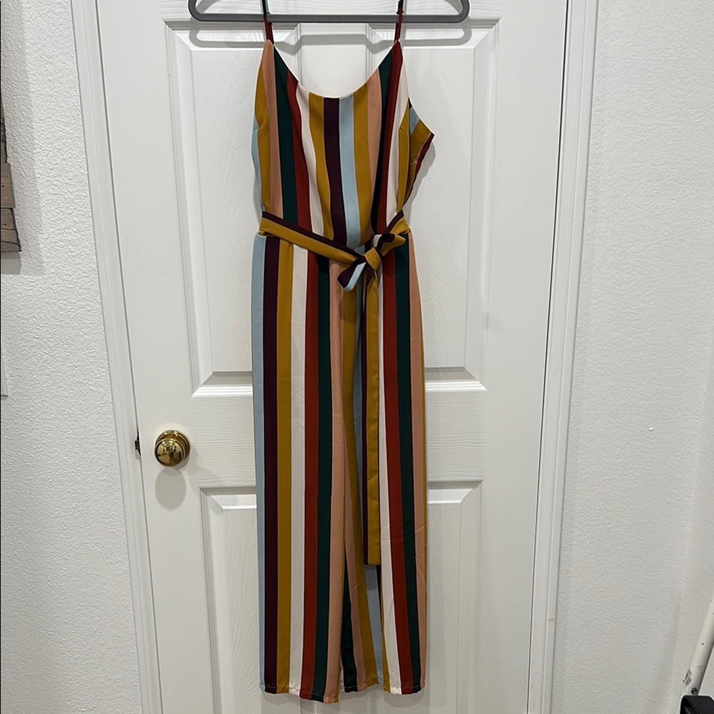 Lily Black Striped Multicolor Lined Jumpsuit with Belt